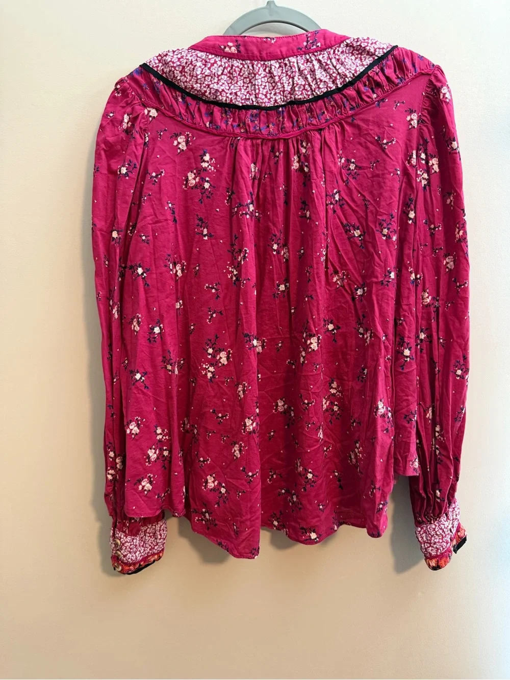 Free People Floral Smocked Yoke Blouse - Raspberry
